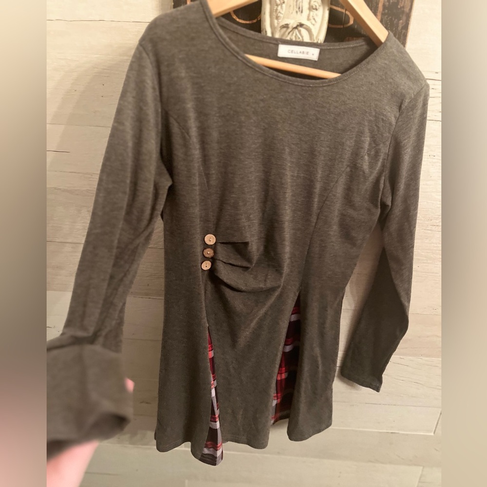 Gray Women's Cellabie Blouse with Plaid Accents - Picture 3 of 10
